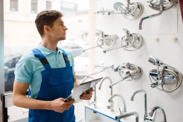 Pioneer Plumber technician inspecting modern chrome fixtures