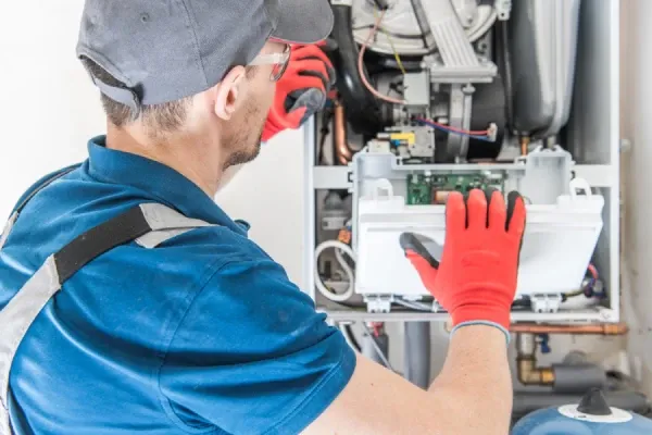 Plumber wearing work gloves performing maintenance inside a boiler unit